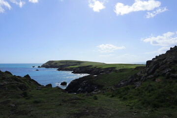 Dramatic coastal landscape of Saltee Island, Ireland, with rugged cliffs, rocky shoreline, and green fields meeting the sparkling blue Atlantic Ocean under a bright summer sky, nature, travel, and sce