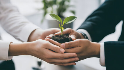 Business team nurturing new growth and sustainability together indoors