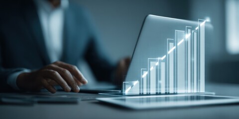 A person in a suit works on a laptop. Overlayed is a graphic depicting growing statistics, emphasizing finance and economics