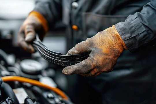 Close-up of a person wearing dirty work gloves holding a black serpentine belt over a car engine, showcasing manual car maintenance work with focus on hands and tools