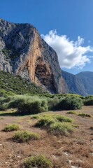 Vertical shot of a massive rocky mountain with a dark cave entry, lush green bushes in foreground and a vibrant blue sky with fluffy clouds