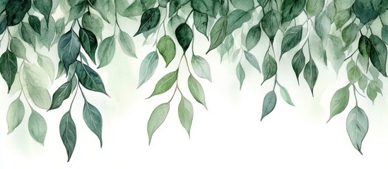 Soft green watercolor leaves hanging down with gentle shading and natural leaf shapes creating a calming and peaceful atmosphere