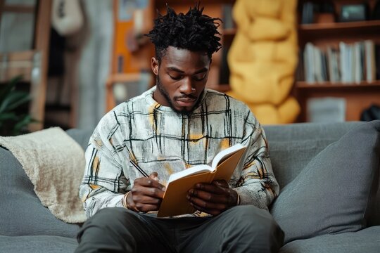 young man sitting on a couch writing in a notebook with focused expression in a cozy living room