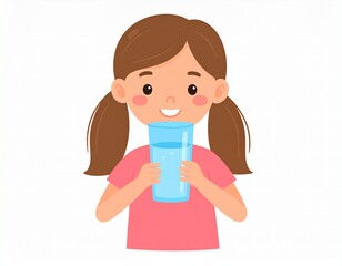 Cute cartoon girl drinking water, promoting healthy hydration habits