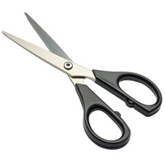 Standard pair of sharp scissors with shiny metal blades and ergonomic handles, precision cutting tool isolated on white background. PNG