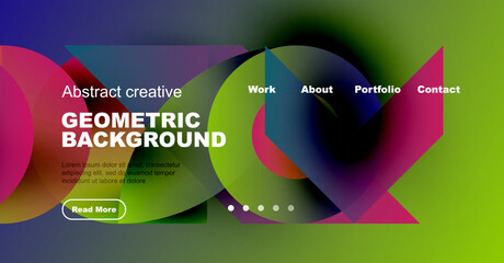Modern website mockup features vibrant geometric shapes, text overlay, navigation menu. Green gradient dominates design.