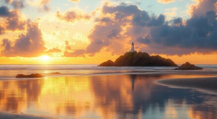 Sunset over a rocky island with a lighthouse, calm ocean waters reflecting golden and blue hues under a dramatic cloudy sky