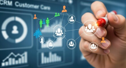 Business professional interacting with crm customer data analytics on a futuristic digital screen
