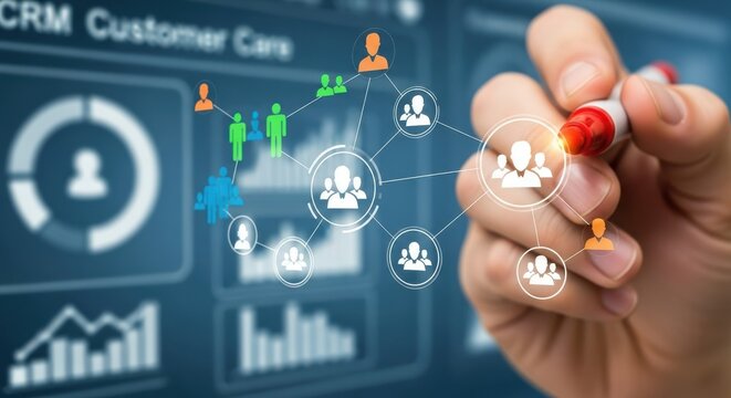 Business professional interacting with crm customer data analytics on a futuristic digital screen