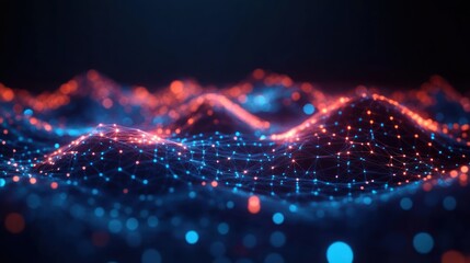 Abstract digital landscape of connected glowing blue and red nodes forming wave-like hills under dark background