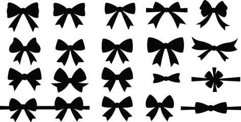 Full black ribbon bow silhouette vector set, decorative gift wrap illustration, wedding party design element, festive holiday decoration for present, celebration, packaging, and graphic art