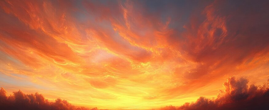 Vivid fiery orange and yellow sunset sky with dramatic swirling cloud patterns creating a warm and intense atmosphere