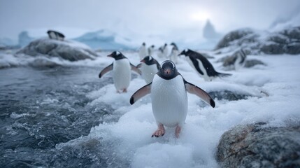 Obraz premium Gentoo Penguin on Antarctic Rocks Facing the Camera