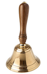 Shiny brass hand bell with smooth curved body and wooden handle, ringing accessory isolated on white background. PNG