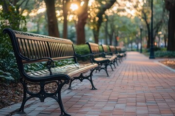 Empty metal and wood benches lined alongside a paved park path under soft warm sunlight filtering through trees in a peaceful natural setting