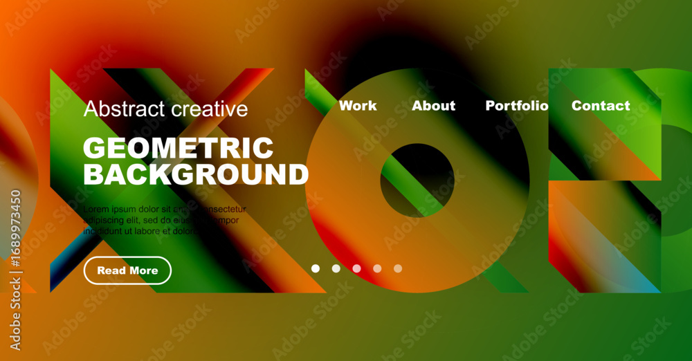 Poster vibrant geometric background features colorful shapes, text, navigation menu, plus read more button.