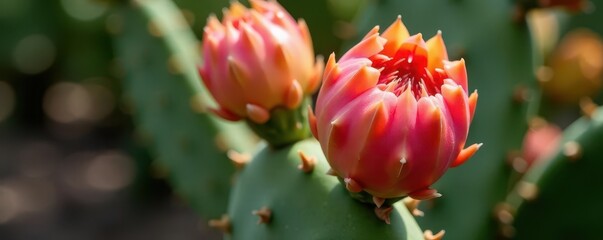 Close-up prickly pear cactus fruit and blossom , juicy, thorns