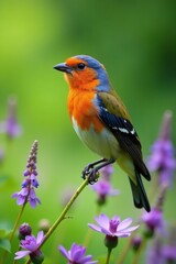 Fototapeta premium Colorful finch perched, purple flowers, green meadow , summer, fauna, nature