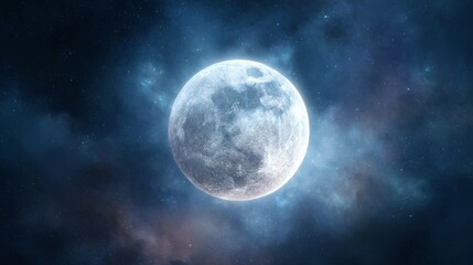 A stunning view of a full moon illuminated against a starry night sky, surrounded by cosmic clouds and deep space colors.