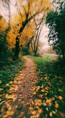 Zoomed autumnal path winds through trees with golden leaves, vibrant green grass, and a soft, foggy ambiance