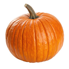 Obraz premium Round bright orange pumpkin with deep vertical ribs, autumn harvest vegetable isolated on white background. PNG