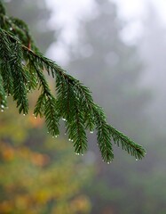 Spruce Branch in Foggy Forest