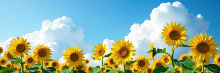 Obraz premium Golden sunflowers under a vibrant blue sky with fluffy white clouds HD wallpaper quality , idyllic, hd, wide