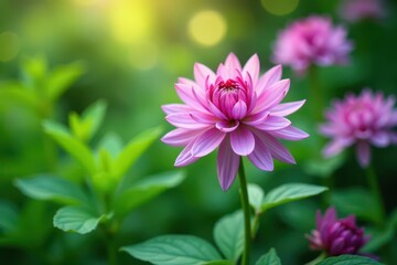 Soft pastel pink purple Monarda blossoms against lush green leaves , vibrant, nature photography