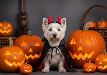 A cute west highland white terrier dressed as a devil sits among carved pumpkins for halloween