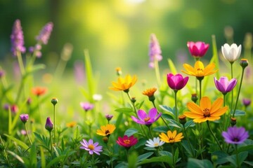Fototapeta premium Vibrant wildflowers in a meadow, diverse blooms , field, landscape