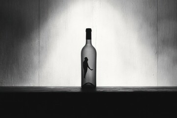 Silhouette of a small person inside a transparent bottle standing on a dark surface against a textured light background symbolizing confinement or isolation