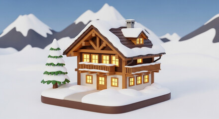 Naklejka premium Winter chalet snow scene christmas holiday vacation mountain cabin home rental cozy getaway travel destination