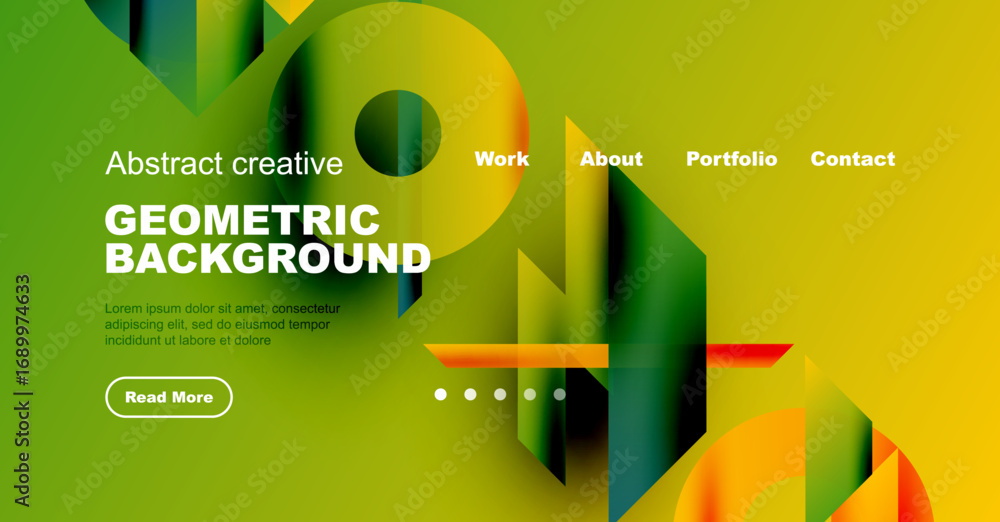 Aufkleber modern website header design. vibrant geometric shapes, text overlay, navigation menu, button presen