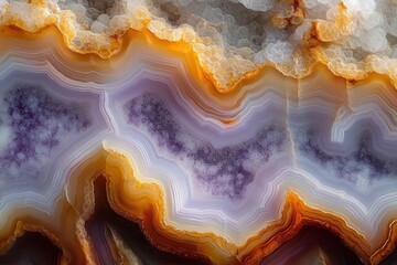 Close-up of a colorful layered agate gemstone showing intricate bands and crystalline structures in shades of orange, purple, white, and brown