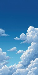Upward view of fluffy, cartoon-style cumulus clouds against a vibrant blue sky, creating a peaceful and serene atmospheric illustration