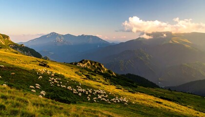 Serene mountain landscape with grazing sheep at sunset