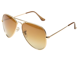 Pair of aviator sunglasses with thin golden frame and teardrop lenses, classic pilot-style eyewear isolated on white background. PNG