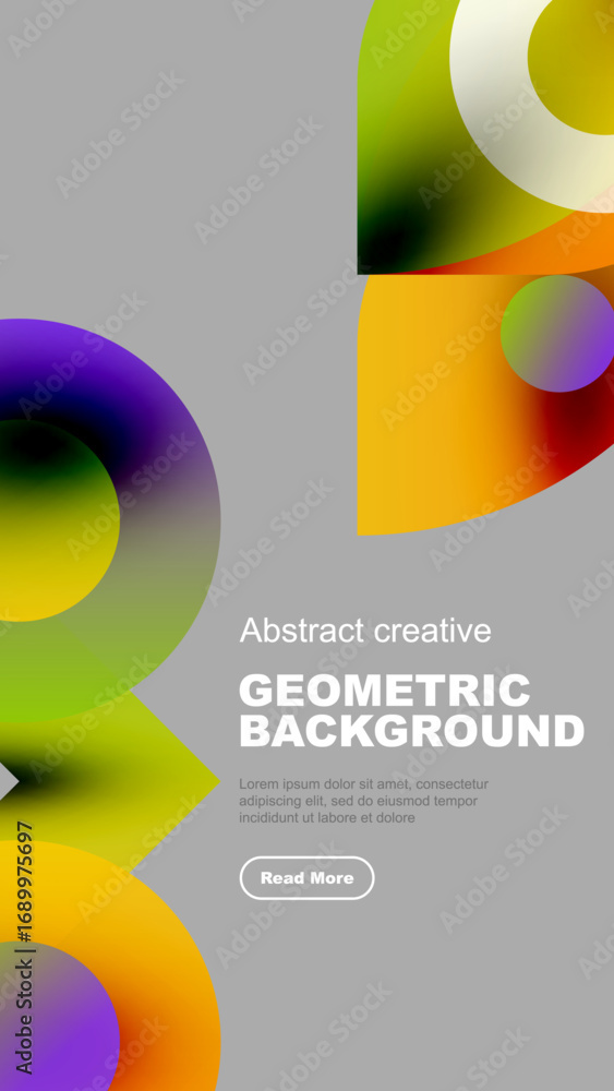Poster Abstract geometric shapes overlap, creating vibrant color gradients. Minimalist design with text elements present. Modern aesthetic.