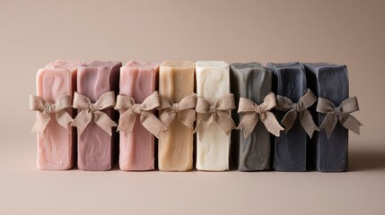 Neatly aligned artisan soaps of varying hues, each adorned with a delicate tied bow, displayed against a muted neutral backdrop
