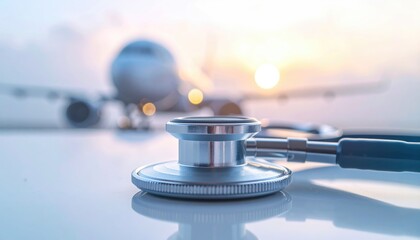 A stethoscope lies against a blurred airplane taking off at sunrise/sunset, suggesting travel health or medical concerns while flying