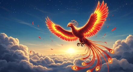 Obraz premium Fiery phoenix bird soaring above clouds at sunrise, with vibrant colors and detailed feathers.