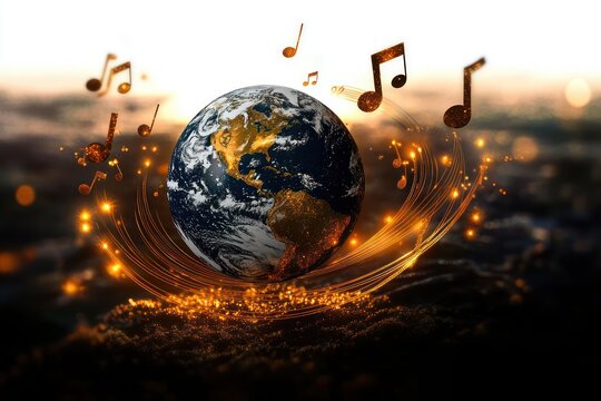 Glowing earth with swirling golden light trails and floating musical notes over a blurred background, symbolizing global harmony and music connection