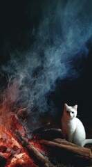 A white cat sits near a bright, crackling fire with billows of cool, blue smoke rising into the dark night sky