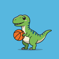 A cute cartoon dinosaur holding a basketball against a blue background.