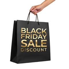 Black Friday Sale:  Gold Lettering on Black Shopping Bag, Discount Promotion, Retail Marketing Graphic on transparent background