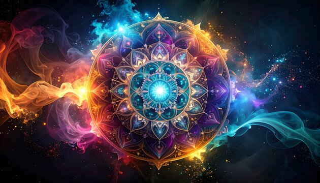 Creating Glowing Mandala Art with Colorful Smoke and Starry Sky