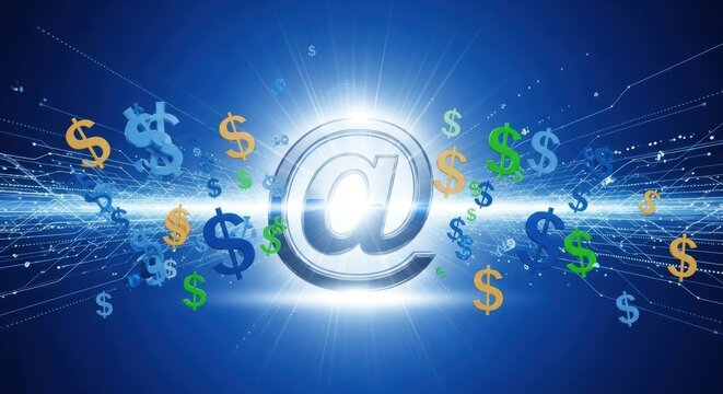 Global digital communication and finance with glowing @ symbol and currency symbols - Powered by Adobe