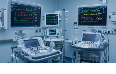 Advanced medical equipment in a hospital setting with vital sign monitors and ultrasound machines