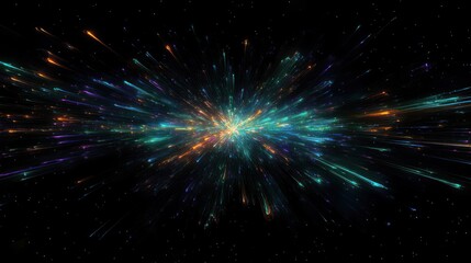 Fototapeta premium Colorful light bursts radiating outward from a central point in a dynamic starburst effect against a dark background creating a vibrant cosmic energy feeling