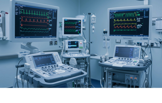 Advanced medical equipment in a hospital setting with vital sign monitors and ultrasound machines